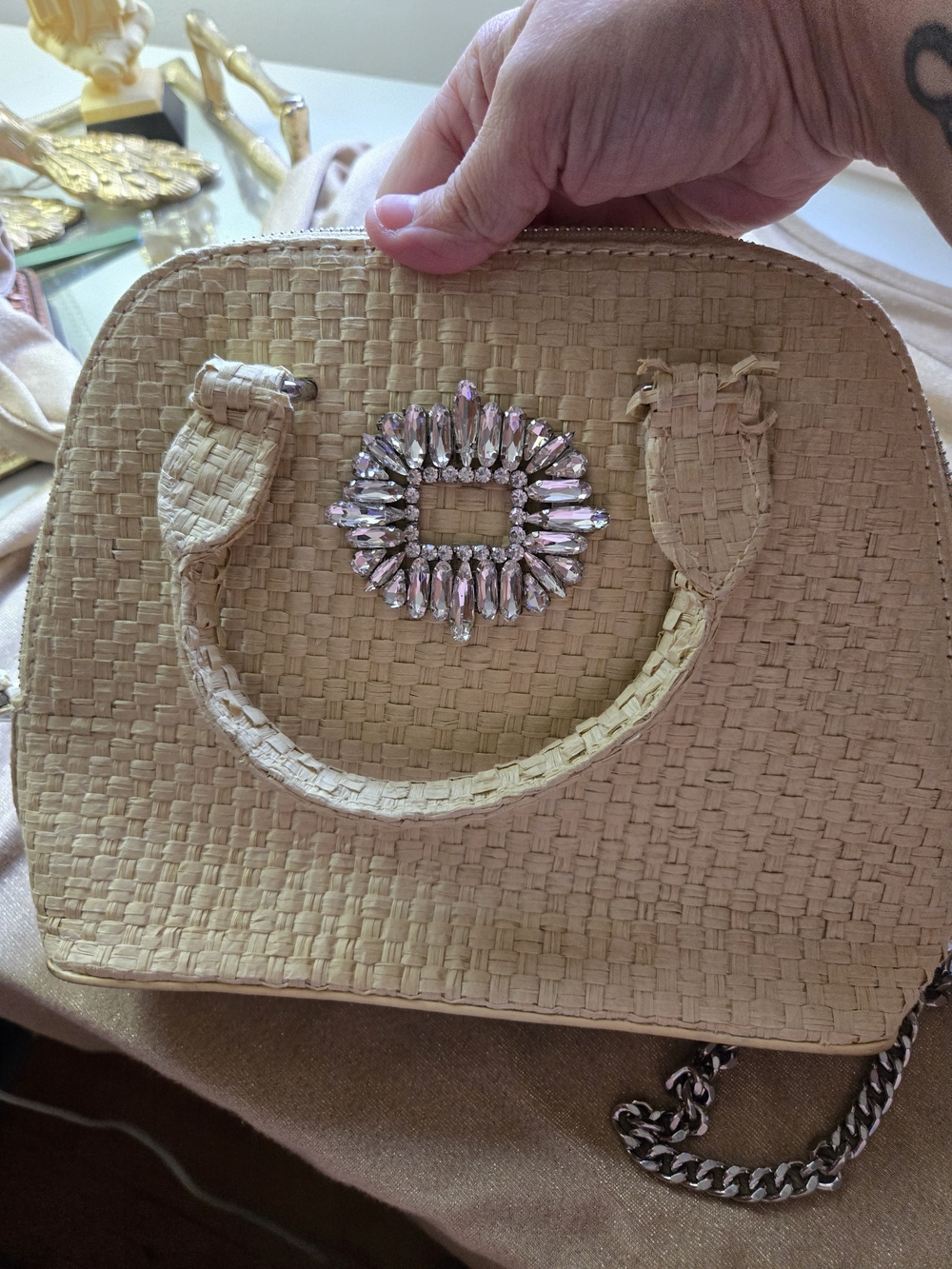 ZARA Woven Mini Top-Handle Bag with Crystal Accent - Cream